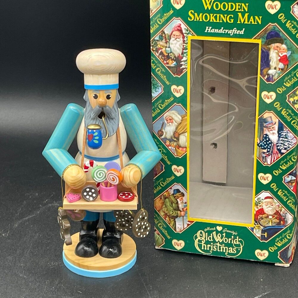 Old World Christmas Wooden Smoking Man Baker Chef Incense Burner Figurine Box